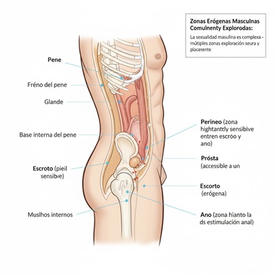 Diagrama anatómico de anatomía sexual masculina mostrando zonas erógenas