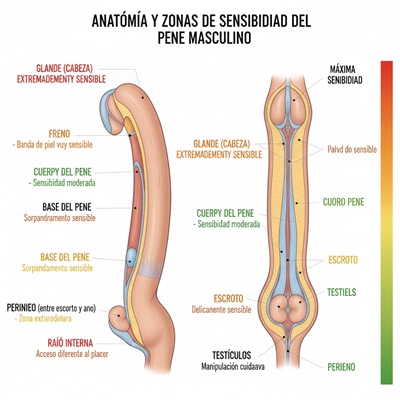 Diagrama anatómico detallado del pene mostrando todas las zonas: glande, freno, cuerpo, base, perineo, con etiquetas de sensibilidad