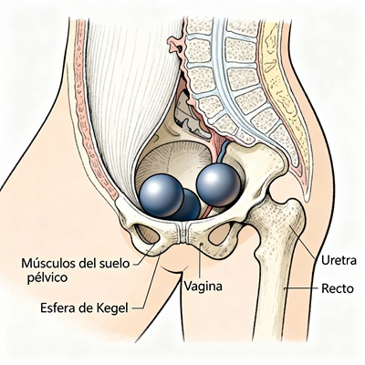 Diagrama anatómico mostrando la colocación de las bolas chinas en la vagina