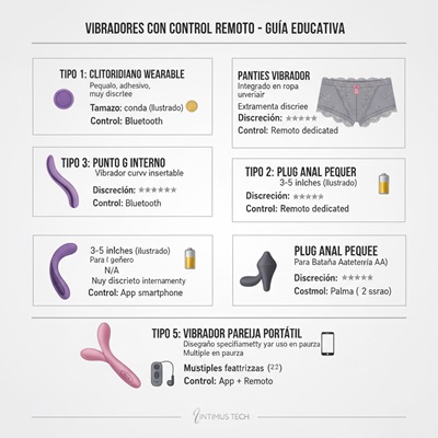 Diagrama mostrando diferentes tipos de vibradores con control remoto: wearable clitoridiano, vibrador de punto G, vibrador anal, con diferentes sistemas de control