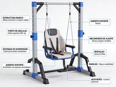 Diagrama mostrando partes de un columpio sexual: estructura, asiento, sistemas suspensión, mecanismos ajuste
