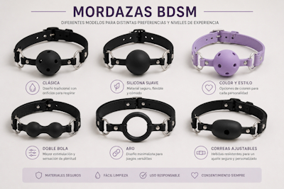 Diferentes modelos de mordazas BDSM de silicona y correas ajustables expuestas de forma limpia