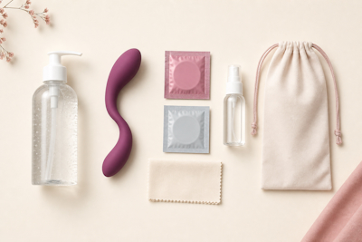 Dildo doble morado junto a dos preservativos, un frasco y una bolsa de tela