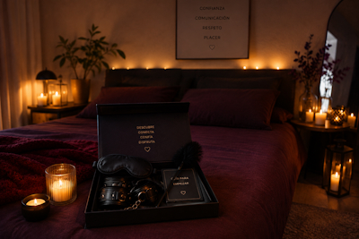 Dormitorio con luz cálida y ambiente preparado para usar un kit BDSM de iniciación