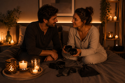 Dormitorio con luz suave, velas y ambiente tranquilo para hablar de juegos BDSM en pareja
