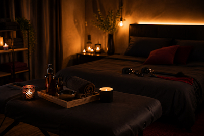 Dormitorio con luz tenue y ambiente de masaje antes de un juego bondage suave