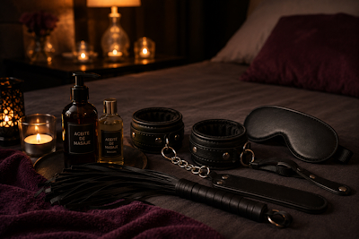 Dormitorio con luz tenue, velas y aceites de masaje junto a accesorios BDSM suaves