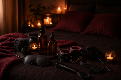 Dormitorio con luz tenue, velas y aceites de masaje junto a accesorios BDSM suaves
