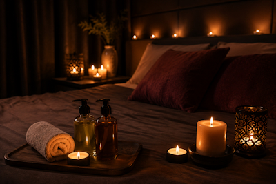 Dormitorio iluminado con luz tenue, velas encendidas y aceites listos para un masaje íntimo