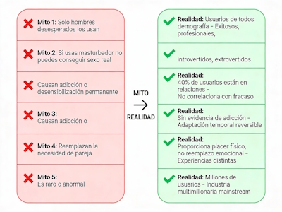 Dos columnas: Mito (rojo X) vs Realidad (verde ✓). Cubre desesperación, sexo real, adicción, reemplazo pareja, normalidad.