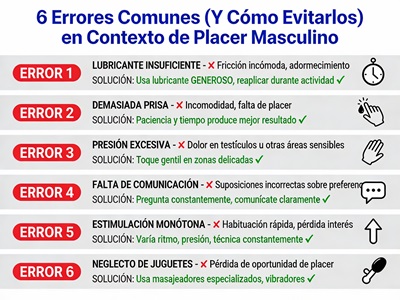 Errores (X rojo): Lubricante insuficiente, Prisa, Presión excesiva, Falta comunicación, Monotonía, Neglecto juguetes. Con soluciones (✓ verde)