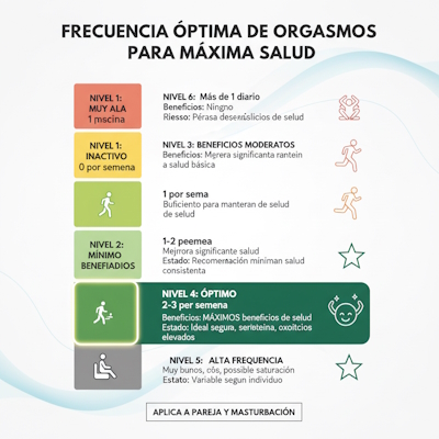 Escala de 6 niveles desde inactivo hasta muy alta frecuencia. Zona óptima destacada: 2-3 por semana para máximos beneficios.