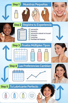 Proceso de 5 pasos: Muestras Pequeñas → Registra → Prueba Múltiples Tipos → Preferencias Cambian