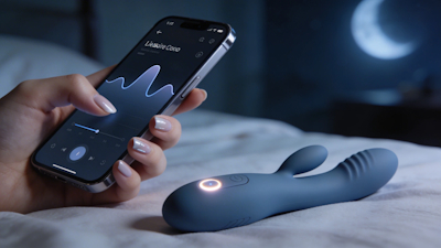 Primer plano de mano con smartphone mostrando una app de control de placer, junto a un vibrador inteligente de silicona con LED sutil, ilustrando el uso de la inteligencia artificial y la sextech 2026 para experiencias personalizadas.