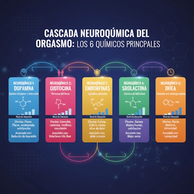 Infografía mostrando cascada de neuroquímicos liberados durante orgasmo: dopamina, oxitocina, endorfinas, serotonina, prolactina, DHEA, con efectos de cada uno