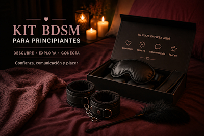 Kit BDSM para principiantes con antifaz, esposas suaves y pluma sobre una cama