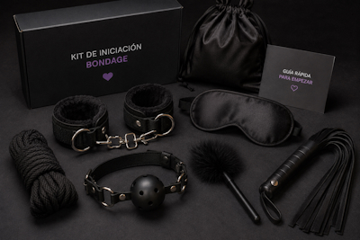 Kit básico de iniciación al bondage con esposas suaves, antifaz y accesorios de tacto
