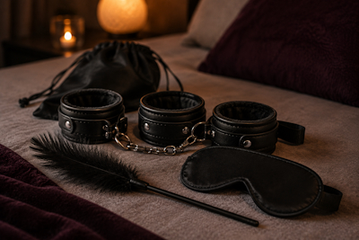 Kit de accesorios BDSM para principiantes con esposas acolchadas, antifaz y pluma sobre una cama
