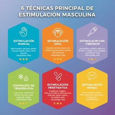 Manual, Oral, Vibrador, Temperatura, Penetrativa, Verbal. Cada una con iconos, enfoque, versatilidad, nivel dificultad