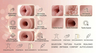 Masturbador masculino realista mostrando diferentes diseños de entrada
