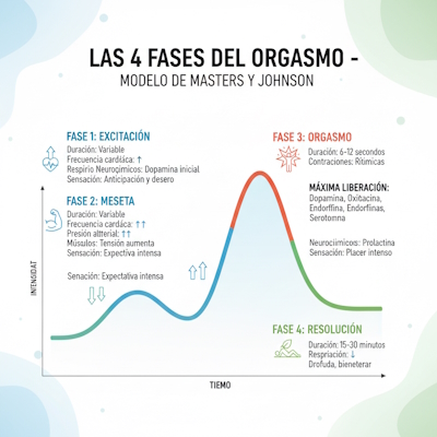 Modelo Masters y Johnson: Excitación, Meseta, Orgasmo, Resolución. Gráfico de curva de respuesta sexual con duración, síntomas, neuroquímicos