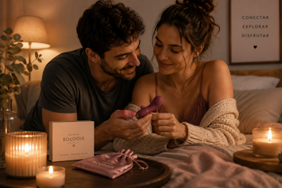 Pareja compartiendo un momento íntimo y relajado con un juguete erótico pequeño