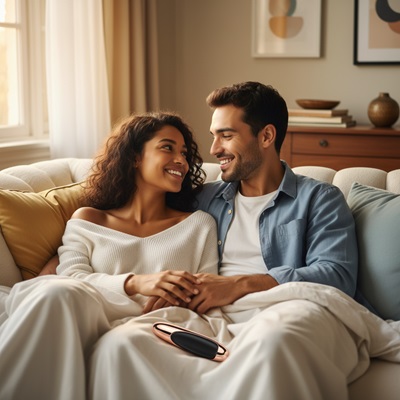 Pareja sonriendo, sugiriendo intimidad y conexión durante uso de juguete compartido