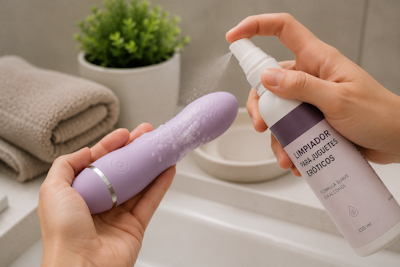 Persona aplicando limpiador específico sobre un vibrador erótico