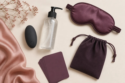 Bala vibradora negra, antifaz morado, cartas, bolsa y frasco transparente sobre fondo claro