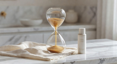 Cómo durar más en la cama: Reloj de arena minimalista sobre seda, representando el control del tiempo en Sexshop Boudoir.