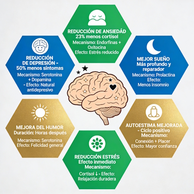 Reducción depresión, ansiedad, mejor humor, sueño, menos estrés, autoestima. Con cerebro central, mecanismos, efectos.
