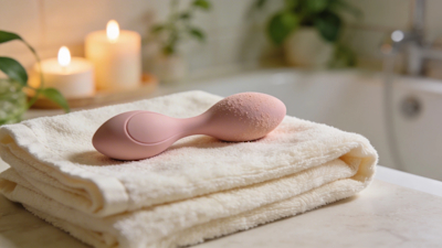 Ejercitador de Kegel inteligente de silicona rosa mate sobre una toalla de lino orgánico en un ambiente de spa relajante, representando los juguetes eróticos para salud sexual y bienestar del suelo pélvico en 2026.