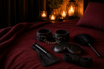 Selección de juguetes BDSM más usados con esposas acolchadas, antifaz y pluma sobre una cama