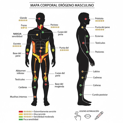 Silueta masculina mostrando TODAS las zonas: Pene, Próstata, Perineo, Escroto, Pezones, Abdomen, Cuello, Labios, Orejas, Muslos. Con leyenda de sensibilidad