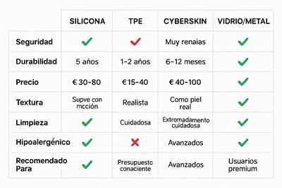 Tabla comparando Silicona, TPE, Cyberskin, Vidrio/Metal. Características: seguridad, durabilidad, precio, limpieza, recomendaciones.