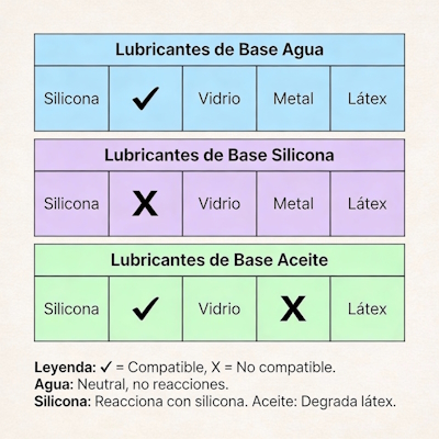 Compatibilidad de lubricantes según materiales de juguetes y preservativos