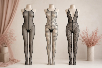 Tres catsuits negros con red fina, red amplia y encaje estampado