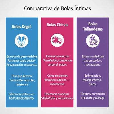 Tres bloques verticales con títulos: "Bolas Kegel", "Bolas Chinas", "Bolas Tailandesas