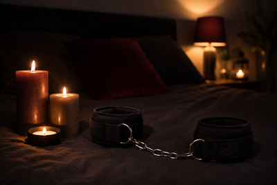 Velas encendidas junto a unas esposas de neopreno en un dormitorio con luz tenue