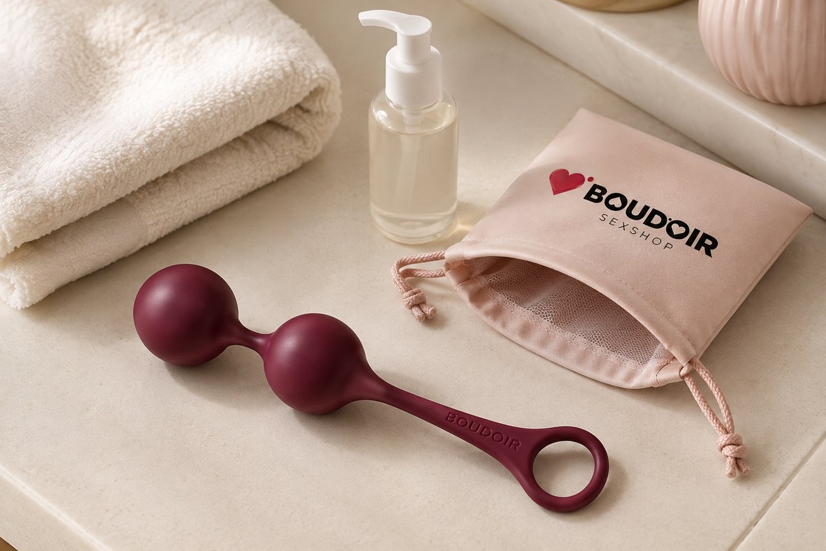 Bolas chinas BOUDOIR junto a una toalla, jabón suave y bolsa de almacenamiento
