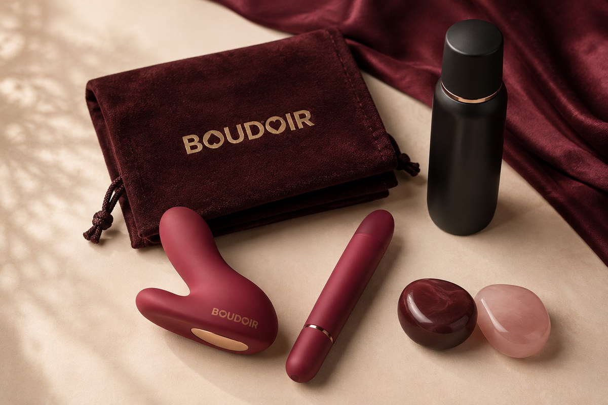 Dos juguetes sexuales BOUDOIR con lubricante y bolsa de tela sobre una superficie clara