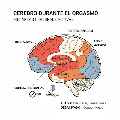 Diagrama cerebral mostrando áreas activadas/desactivadas durante orgasmo