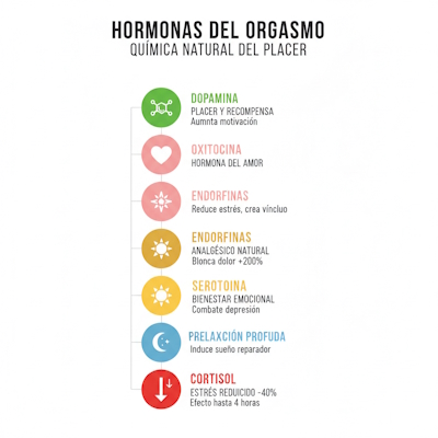 Infografía hormonas liberadas durante orgasmo con efectos de cada una