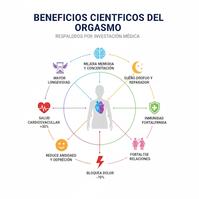 Infografía beneficios múltiples del orgasmo - cerebro, corazón, inmunidad, sueño, dolor