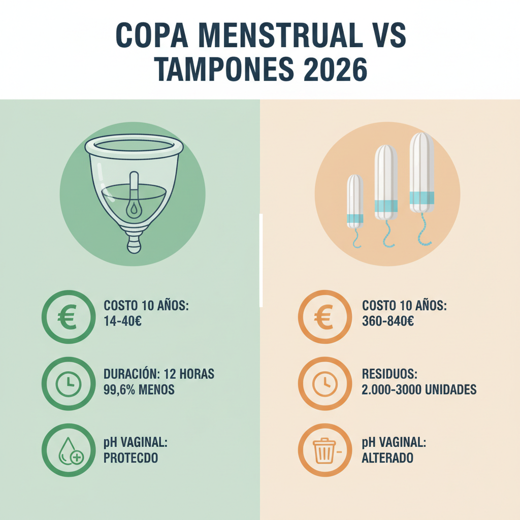 Infografía comparativa con iconos: costo, residuos, duración, salud vaginal