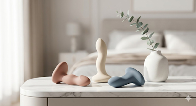 Tendencias en juguetes eróticos 2026: Bodegón minimalista premium de vibradores de diseño abstracto en tonos nude y pastel sobre mármol con eucalipto, representando la sextech elegante y discreta en Sexshop Boudoir.