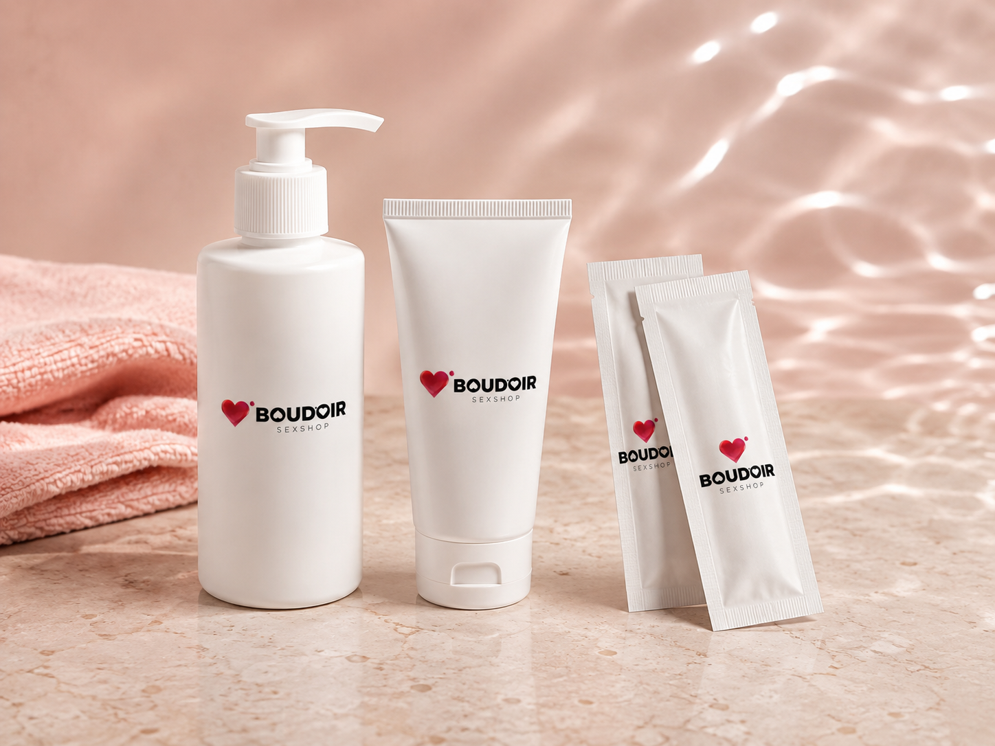 Frasco, tubo y sobres monodosis de lubricante con la marca Boudoir
