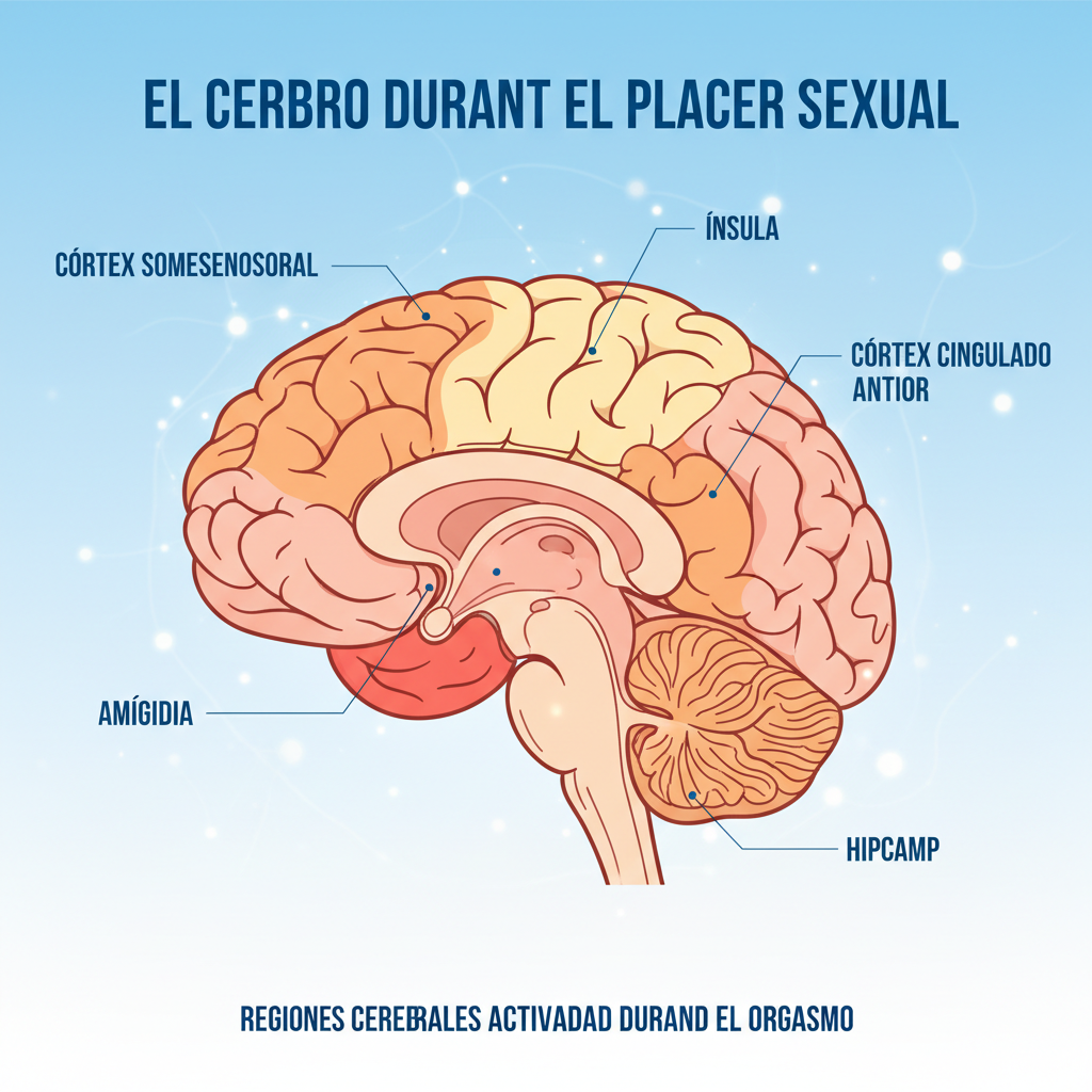 Ilustración científica que muestra el cerebro humano con las áreas que se activan durante el placer sexual