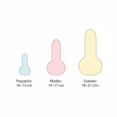 Infografía de tamaños de pene sexual pequeño, medio y grande con medidas orientativas