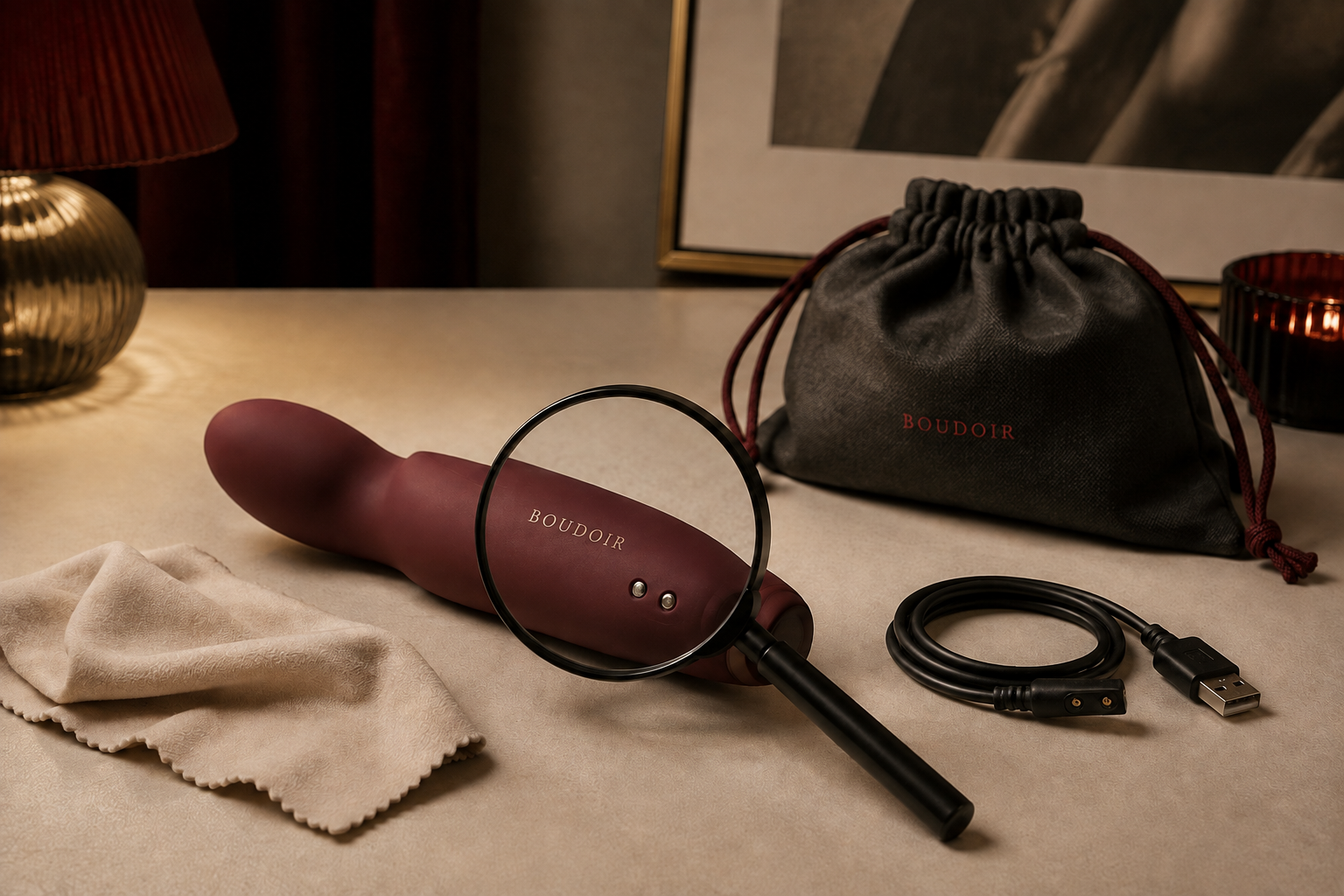 Ilustración editorial de un vibrador seco con la marca BOUDOIR, una lupa, un cable, un paño y una bolsa